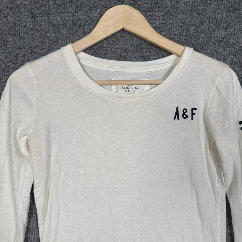 Y2K Abercrombie & Fitch Small T-Shirt White Cotton Logo Crew Neck Long Sleeves - Picture 3 of 10